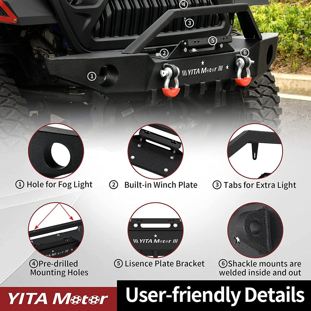 YITAMOTOR® 2018-2024 Jeep Wrangler JL/ 2020-2023 Jeep Gladiator Front Bumper with Winch Plate & D-Rings & Fog Holes