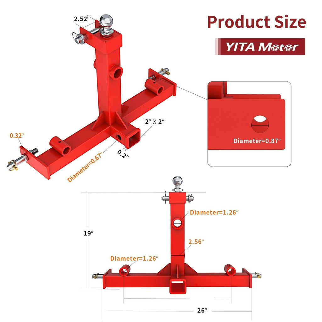 Enganche de remolque de 3 puntos YITAMOTOR® con receptores de 2" para tractores de categoría 1