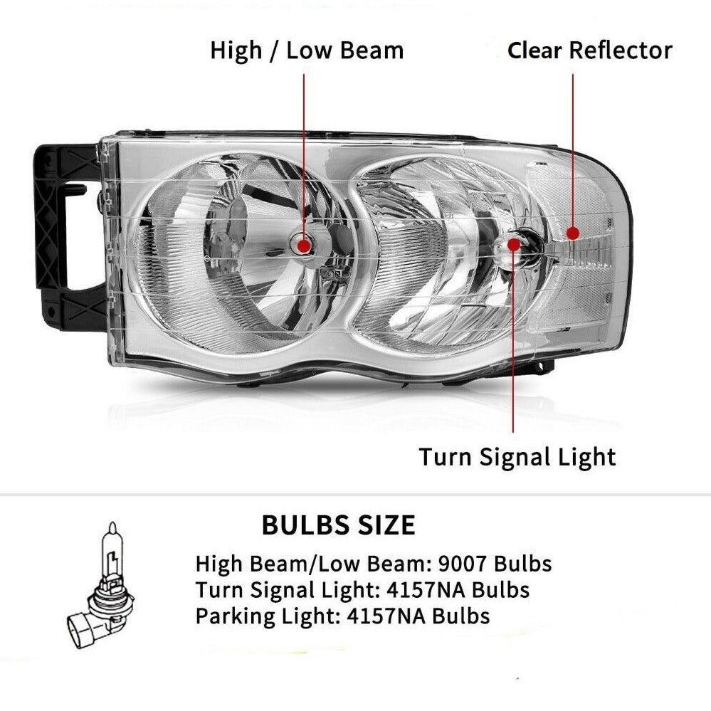 Conjunto de faros delanteros YITAMOTOR® para camioneta Dodge Ram 2002-2005, carcasa cromada con lente reflectora transparente 