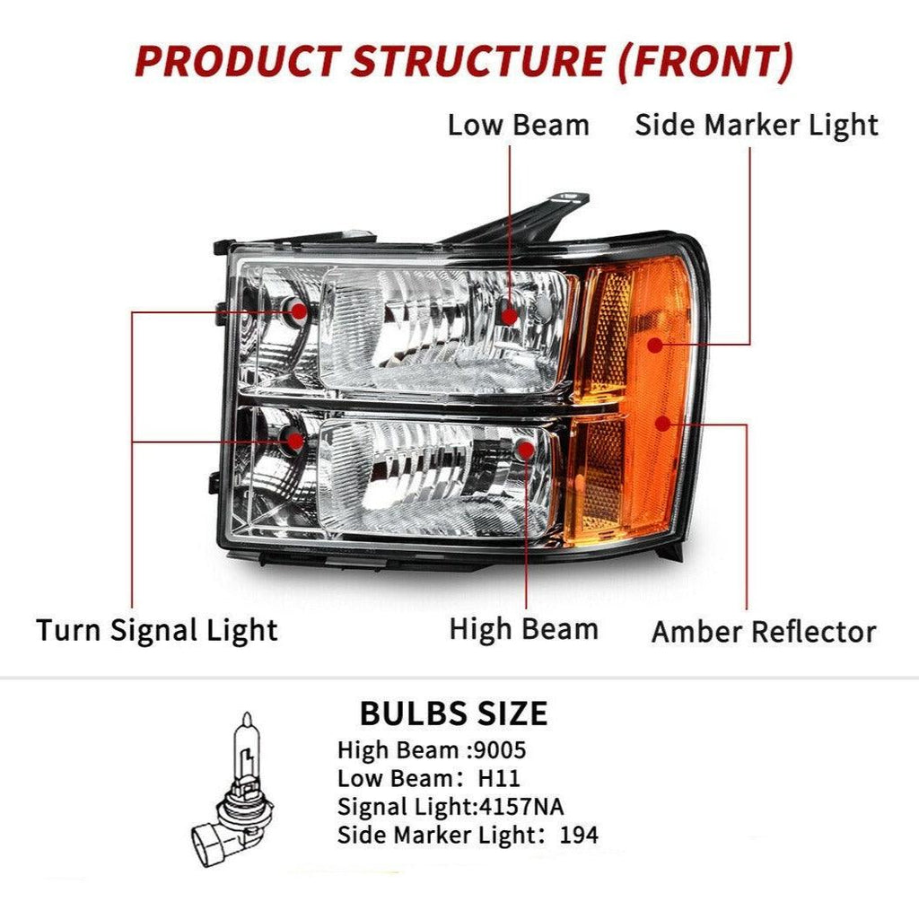 Headlight Assembly For 07-13 GMC Sierra 1500/07-14 GMC Sierra 2500HD 3500HD  Clear Lens Chrome Housing with Amber Reflector - YITAMotor