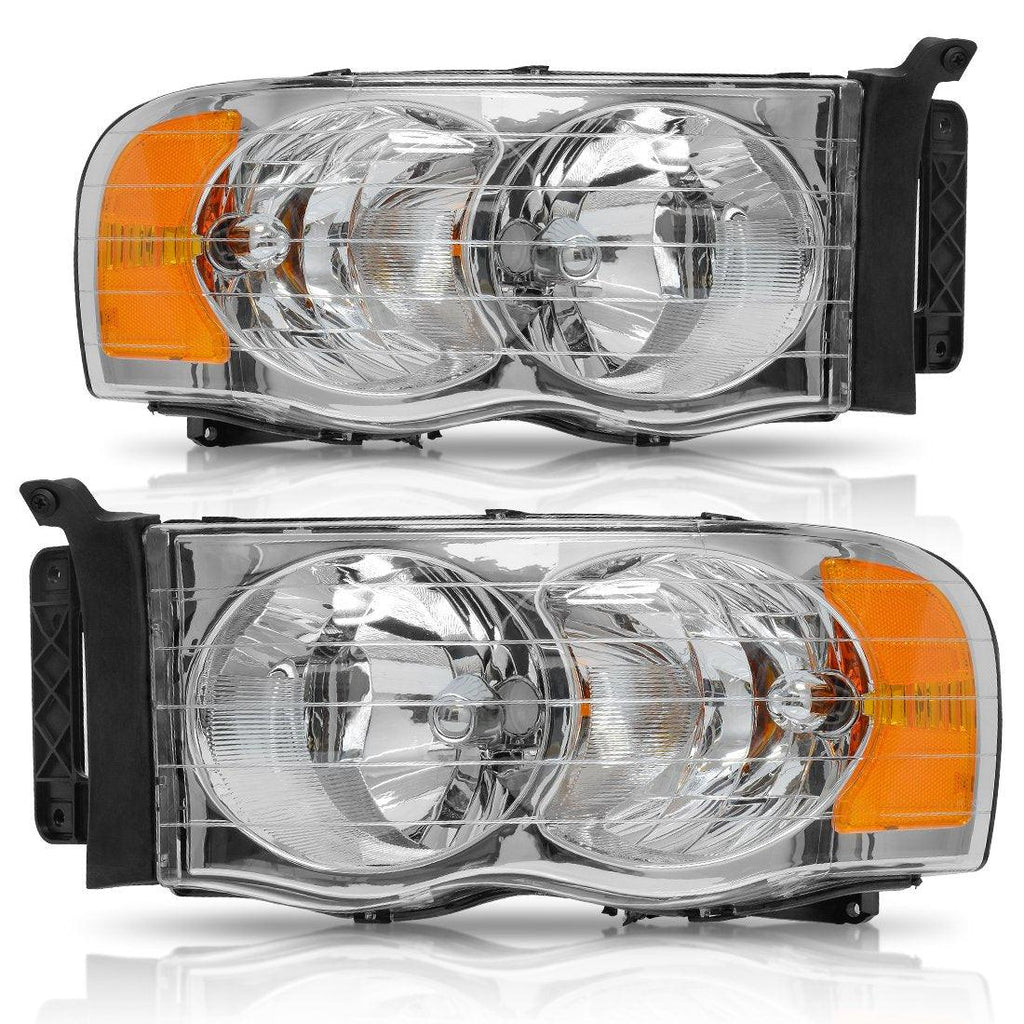 YITAMOTOR® 2002-2005 Dodge Ram Pickup Truck Headlamps Chrome Housing with Amber Reflector Clear Lens - YITAMotor