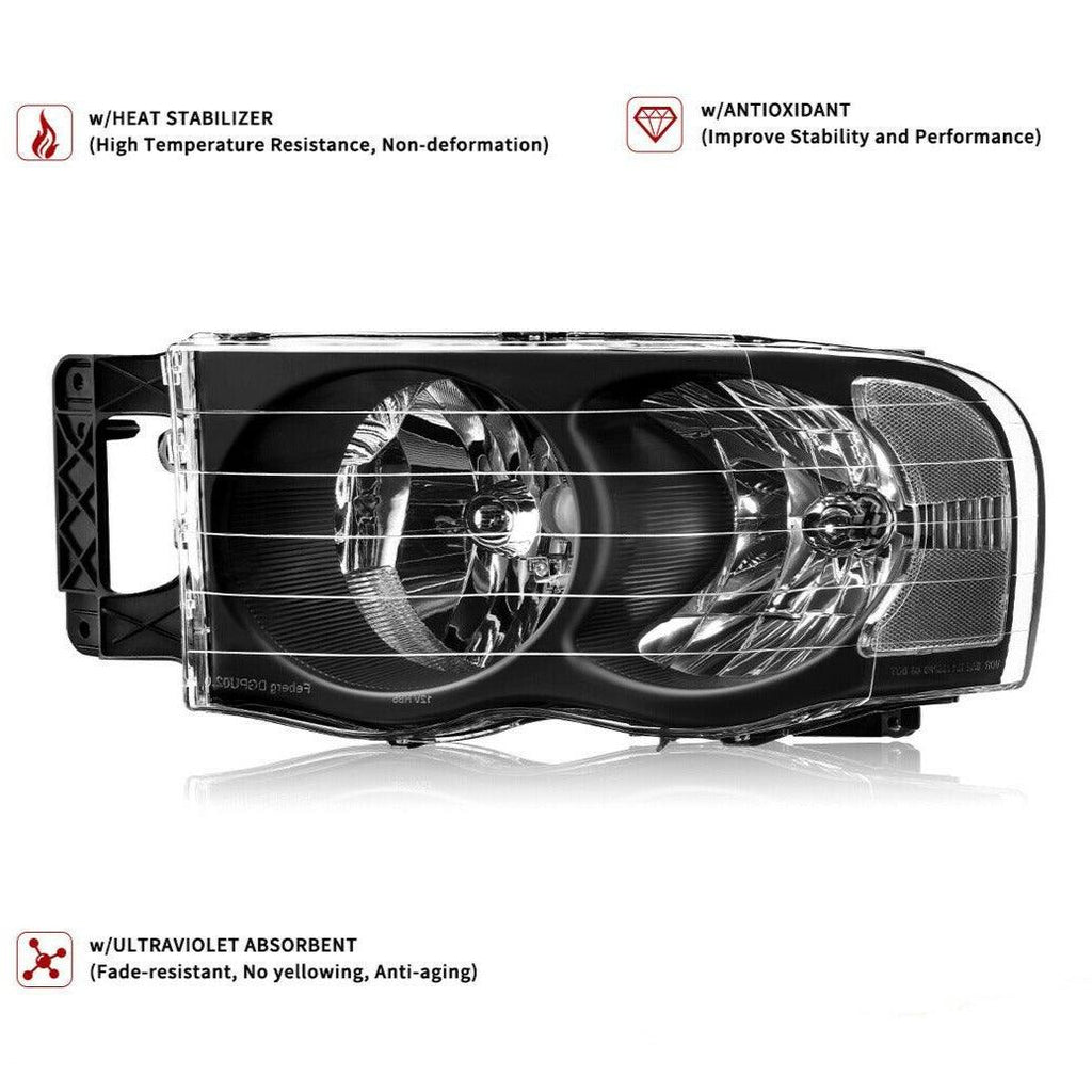 Faros delanteros YITAMOTOR® para camioneta Dodge Ram 2002-2005 Faros delanteros estilo OE Carcasa negra Lente reflectora transparente 