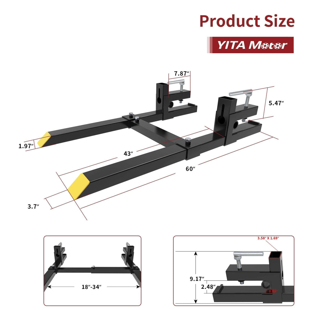 YITAMOTOR® 4000lbs Clamp on 60" Pallet Forks with Adjustable Stabilizer Bar