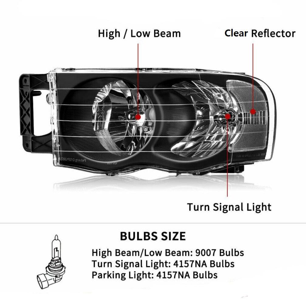 Faros delanteros YITAMOTOR® para camioneta Dodge Ram 2002-2005 Faros delanteros estilo OE Carcasa negra Lente reflectora transparente 