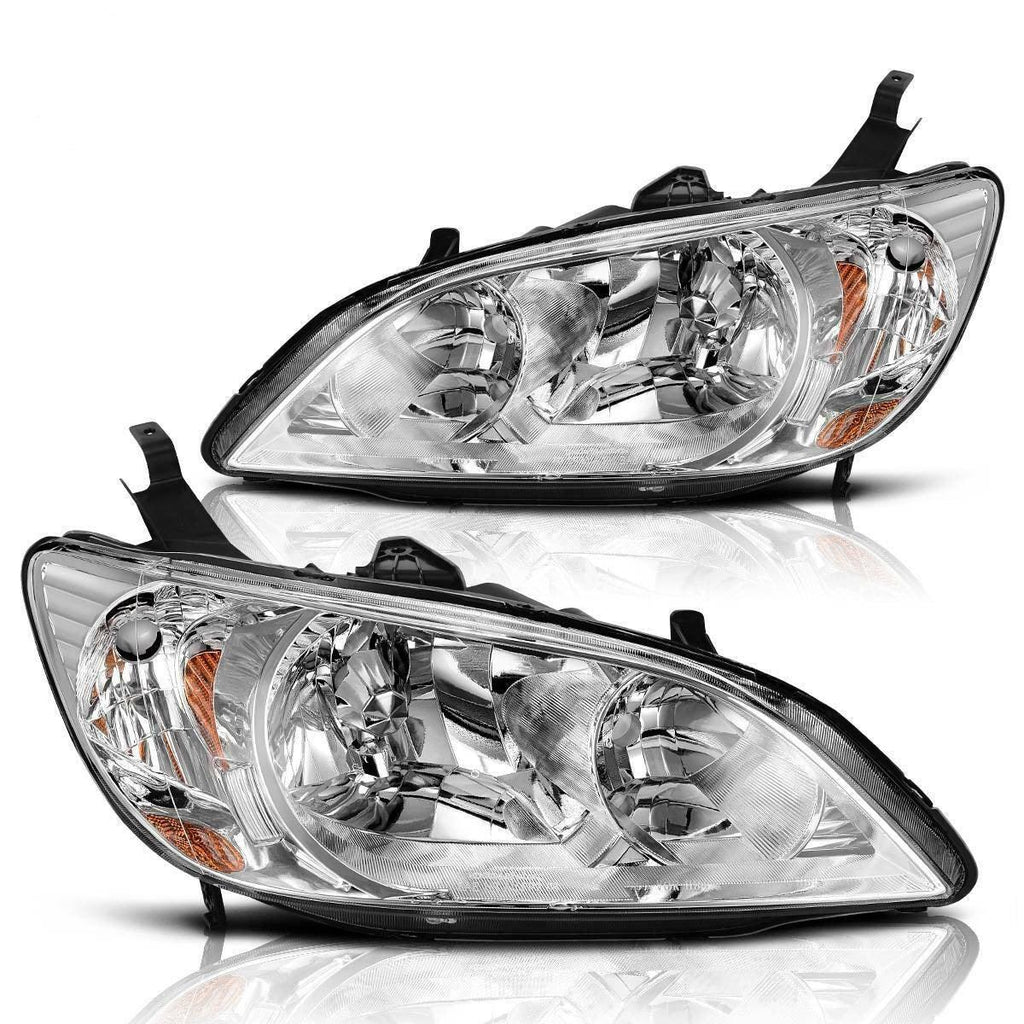 YITAMOTOR® 2004 2005 Honda Civic Headlight Assembly Chrome Housing Headlamps Clear Lens - YITAMotor