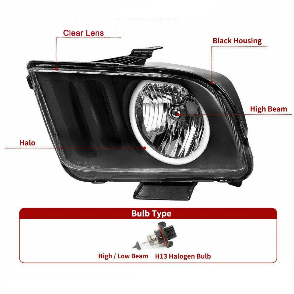 YITAMOTOR® 2005-2009 Ford Mustang Halo Headlights Lamps Black Housing Clear Lens - YITAMotor