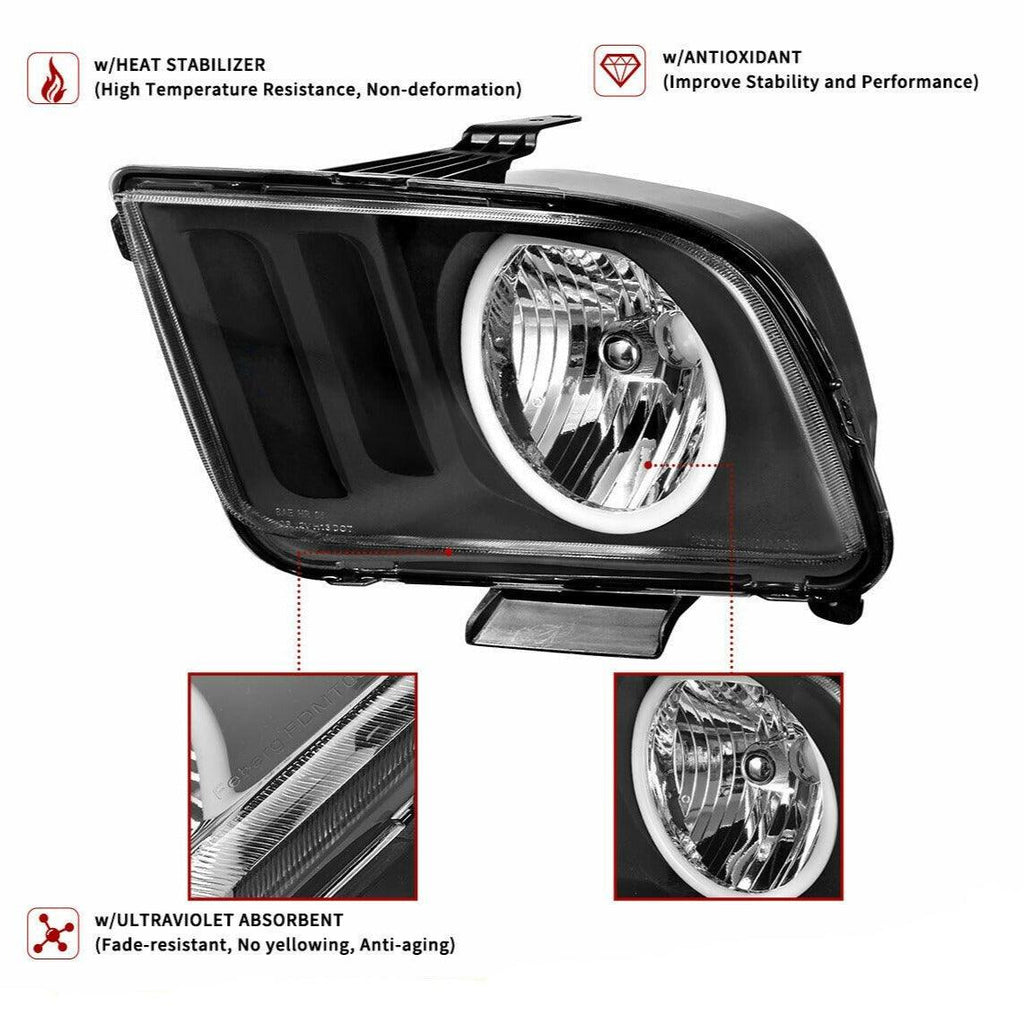 YITAMOTOR® 2005-2009 Ford Mustang Halo Headlights Lamps Black Housing Clear Lens - YITAMotor