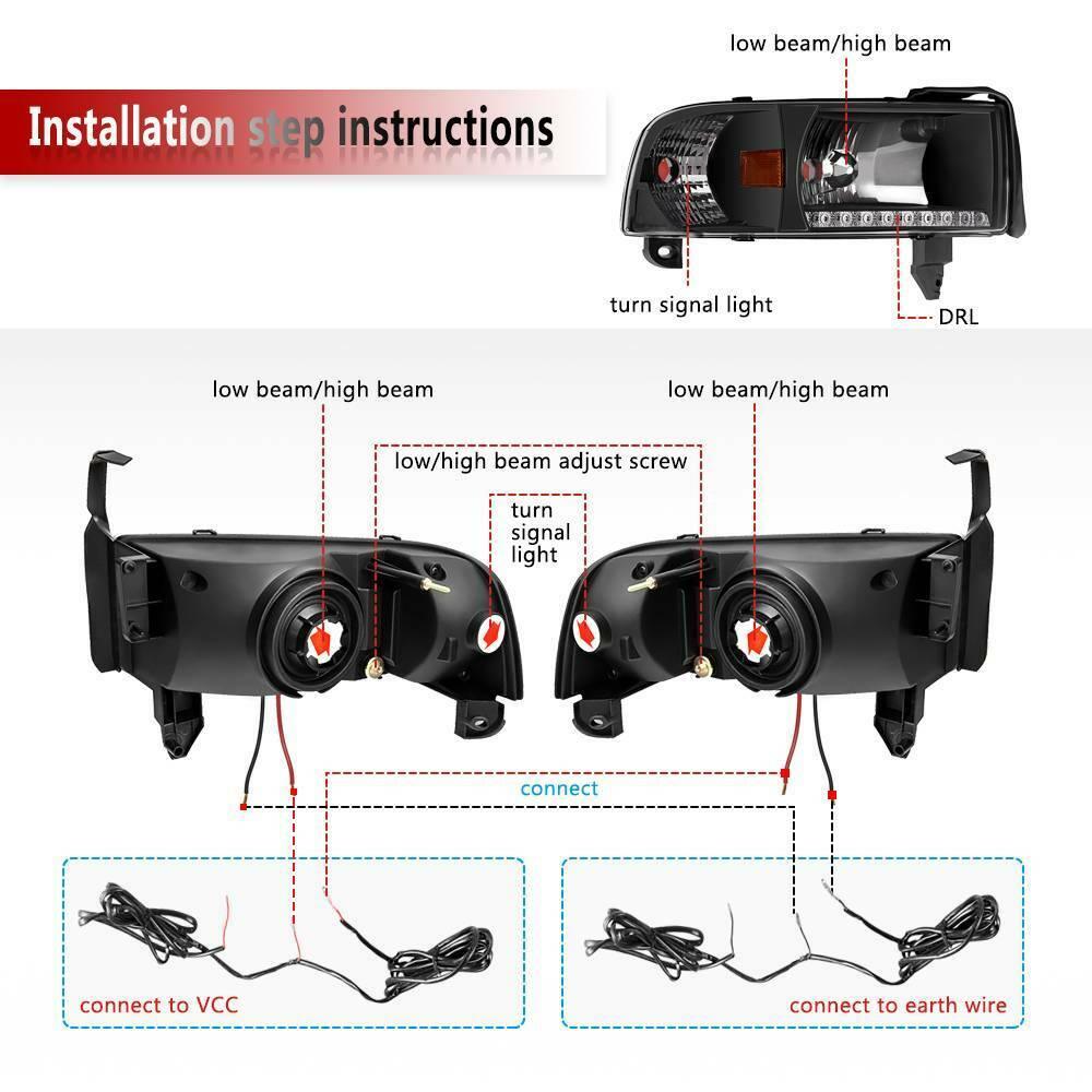 94-01 Dodge Ram 1500/94-02 Dodge Ram 2500 3500 Headlight Assembly DRL Projector Pickup Headlamp - YITAMotor