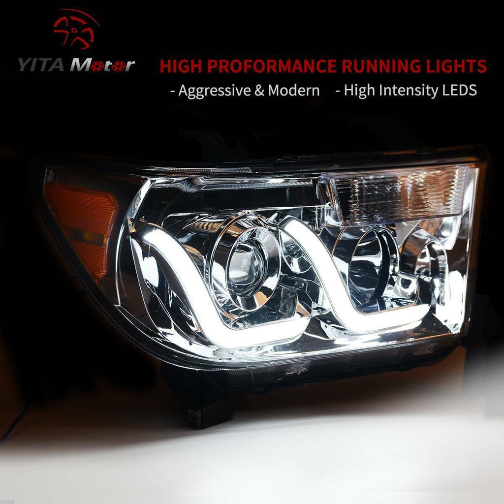 YITAMOTOR® 2007-2013 Toyota Tundra/2008-2017 Sequoia Headlight Assembly Chrome Housing LED Tube Projector Headlamps - YITAMotor