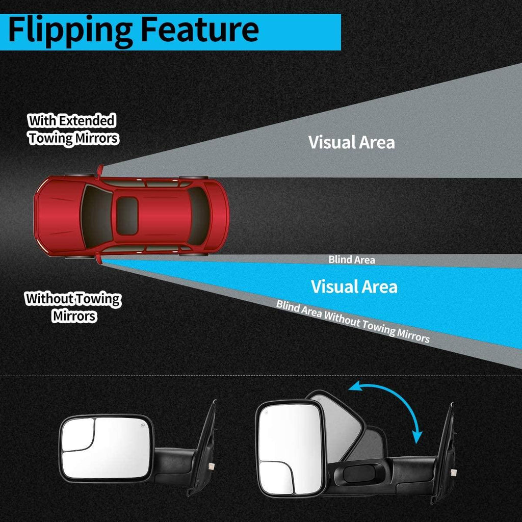 Espejos de remolque YITAMOTOR® 02-08 Dodge RAM 1500 03-09 Dodge RAM 2500 3500 Espejo lateral abatible con lentes dobles y calefacción eléctrica 