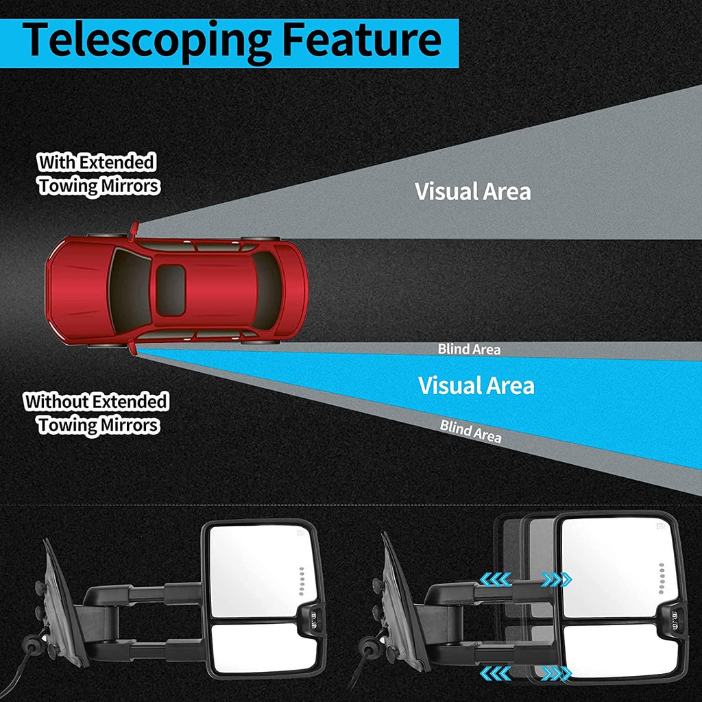 YITAMOTOR® 14-18 Chevy Silverado GMC Sierra 1500 2500HD 3500HD Espejos de remolque extensibles Señal de giro con calefacción eléctrica
